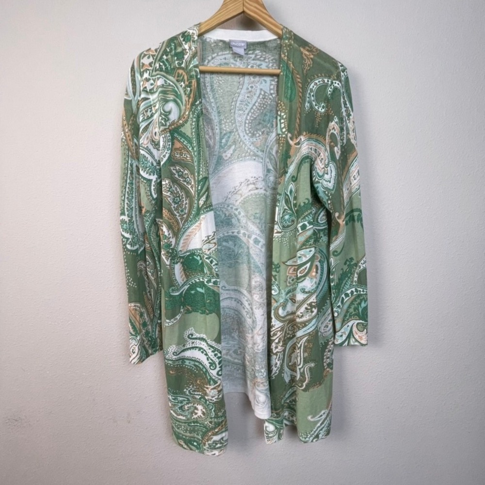 Chicos Open Front Cardigan Green Paisley Print Long Sleeve Women Size 2 Boho L